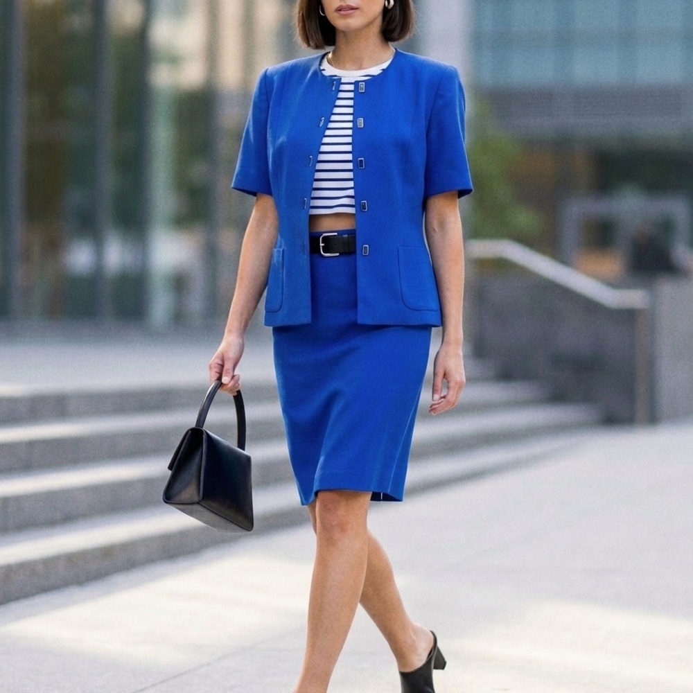 Vintage 90s Sag Harbor Royal cobalt Blue Skirt Suit Set Size 14 Office Siren
